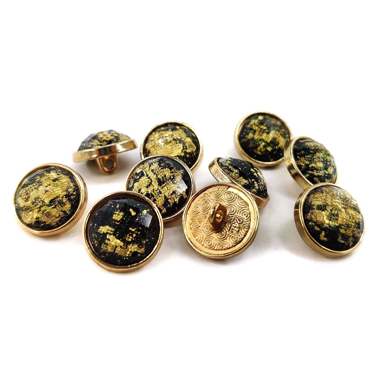 Craftisum Beveled Cut Glass Black Golden Foil Layer Golden Metal Base Sewing Buttons 10 Pcs - 15mm, 5/8"
